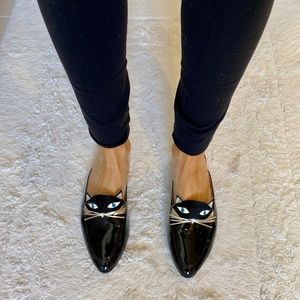 Kate Spade Casper cat black patent slides mules